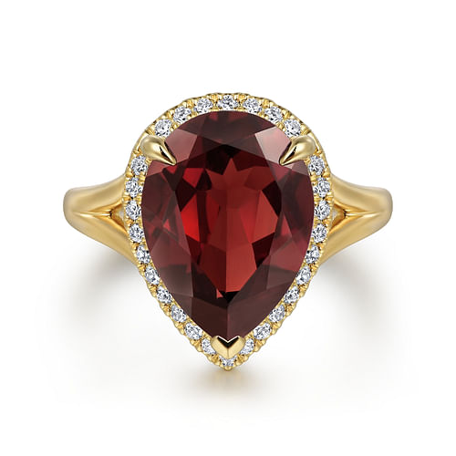 14K Yellow Gold Diamond and Flat Pear Shape Garnet Ladies Ring With Flower Pattern Gallery