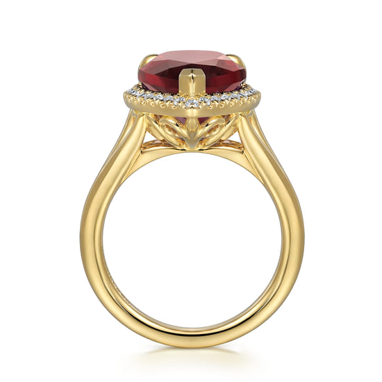 14K Yellow Gold Diamond and Flat Pear Shape Garnet Ladies Ring With Flower Pattern Gallery angle 2