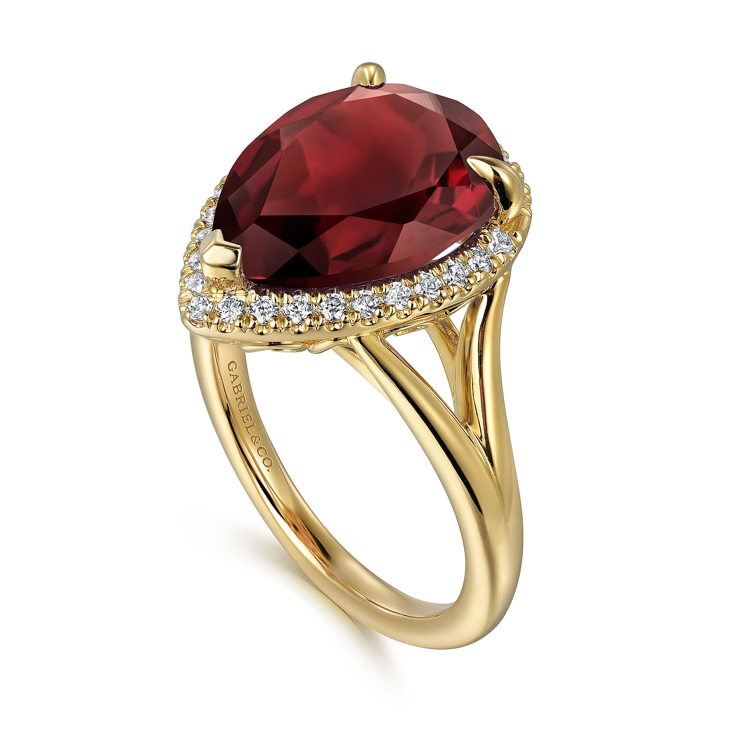 14K Yellow Gold Diamond and Flat Pear Shape Garnet Ladies Ring With Flower Pattern Gallery