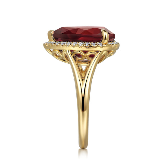 14K Yellow Gold Diamond and Flat Pear Shape Garnet Ladies Ring With Flower Pattern Gallery angle 4