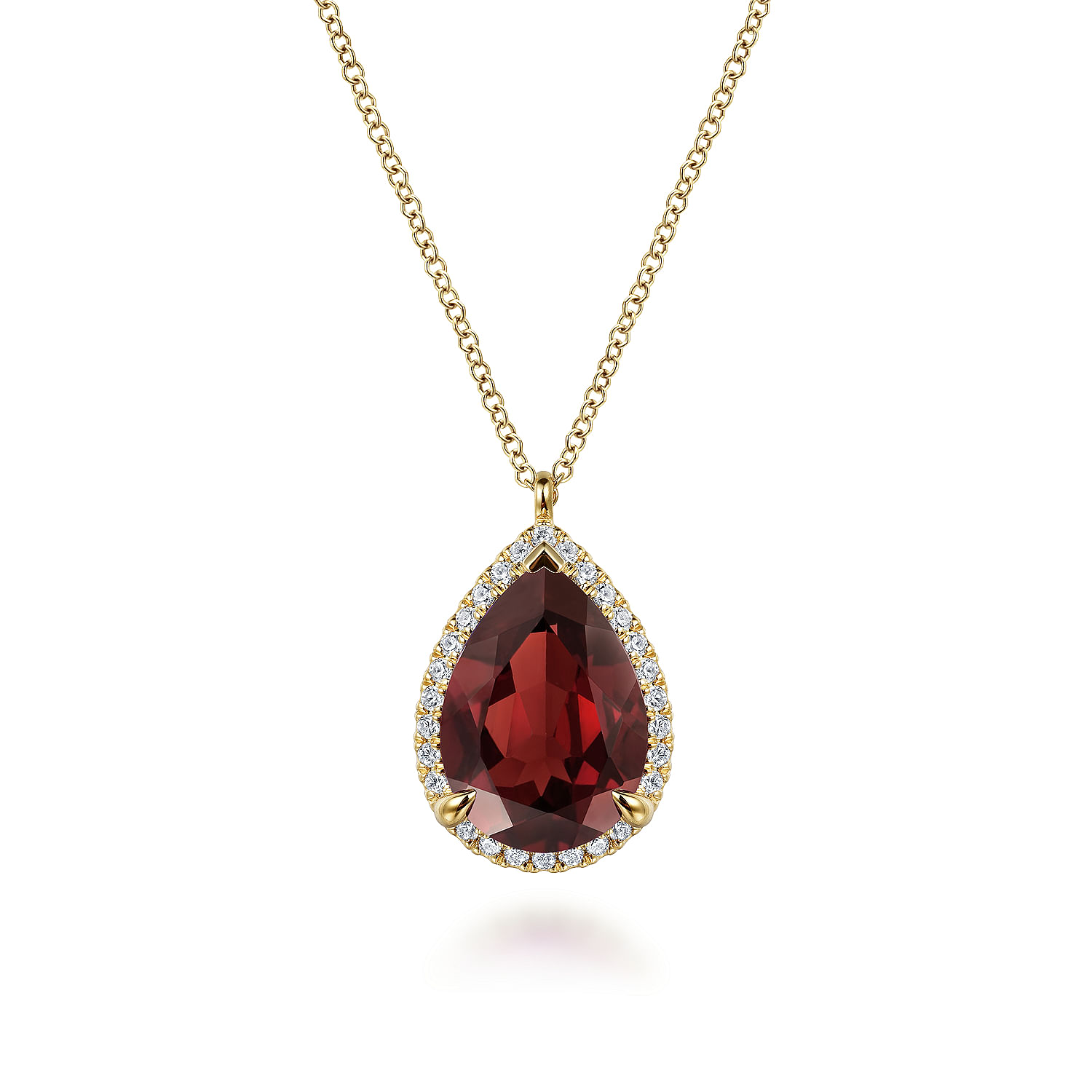 14K Yellow Gold Diamond and Flat Pear Shape Garnet Necklace With Flower Pattern J-Back