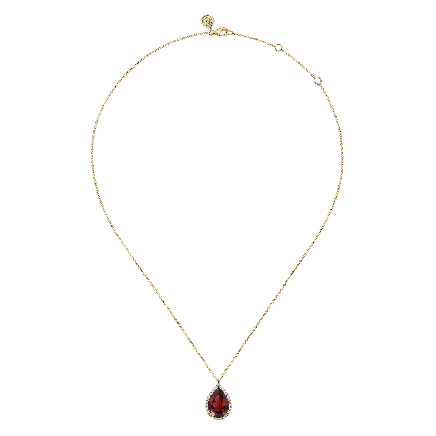 14K Yellow Gold Diamond and Flat Pear Shape Garnet Necklace With Flower Pattern J-Back