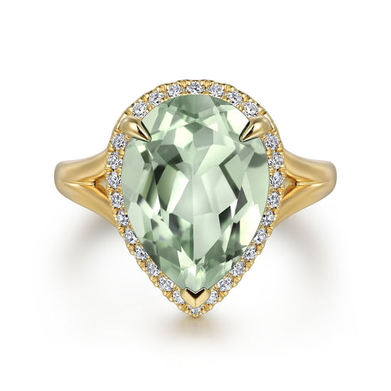 Gabriel - 14K Yellow Gold Diamond and Flat Pear Shape Green Amethyst Ladies Ring With Flower Pattern Gallery