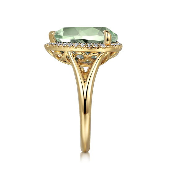 14K Yellow Gold Diamond and Flat Pear Shape Green Amethyst Ladies Ring With Flower Pattern Gallery angle 4