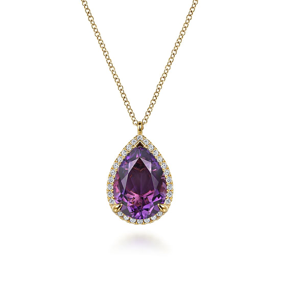 Gabriel - 14K Yellow Gold Diamond and Flat Teardrop Amethyst Necklace With Flower Pattern J-Back