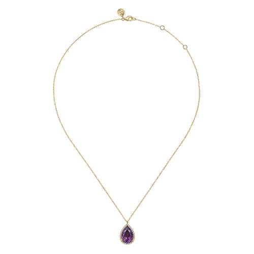 14K Yellow Gold Diamond and Flat Teardrop Amethyst Necklace With Flower Pattern J-Back