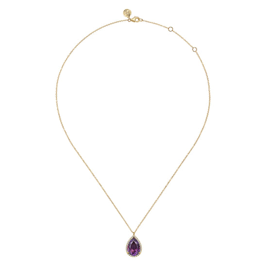 14K Yellow Gold Diamond and Flat Teardrop Amethyst Necklace With Flower Pattern J-Back angle 2