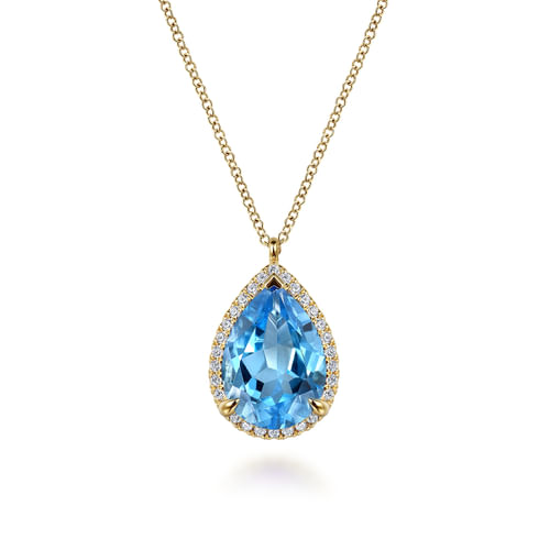 14K Yellow Gold Diamond and Flat Teardrop Blue Topaz Necklace With Flower Pattern J-Back