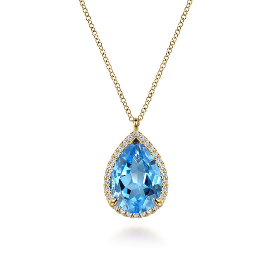 Gabriel - 14K Yellow Gold Diamond and Flat Teardrop Blue Topaz Necklace With Flower Pattern J-Back