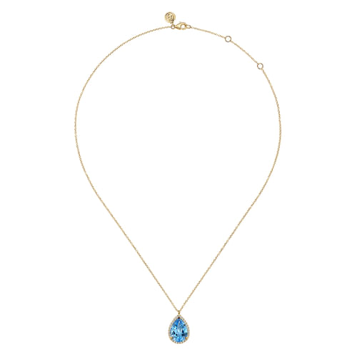 14K Yellow Gold Diamond and Flat Teardrop Blue Topaz Necklace With Flower Pattern J-Back
