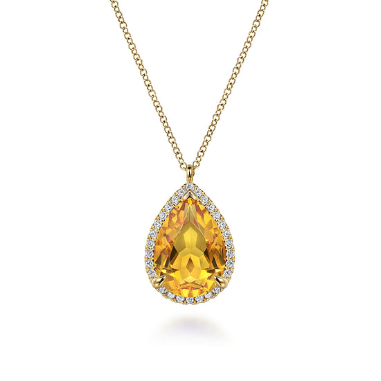 Gabriel - 14K Yellow Gold Diamond and Flat Teardrop Citrine Necklace With Flower Pattern J-Back