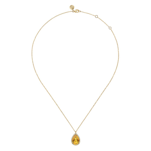 14K Yellow Gold Diamond and Flat Teardrop Citrine Necklace With Flower Pattern J-Back