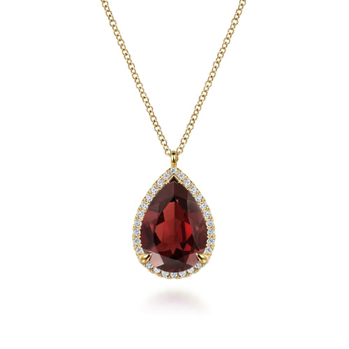 14K Yellow Gold Diamond and Flat Teardrop Garnet Necklace With Flower Pattern J-Back