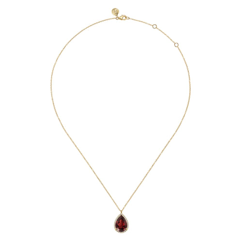 14K Yellow Gold Diamond and Flat Teardrop Garnet Necklace With Flower Pattern J-Back