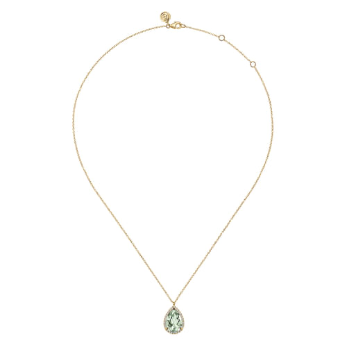 14K Yellow Gold Diamond and Flat Teardrop Green Amethyst Necklace With Flower Pattern J-Back