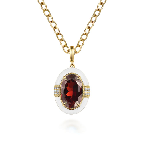 14K Yellow Gold Diamond and Garnet  Y-Layer Necklace With Flower Pattern J-Back and White Enamel