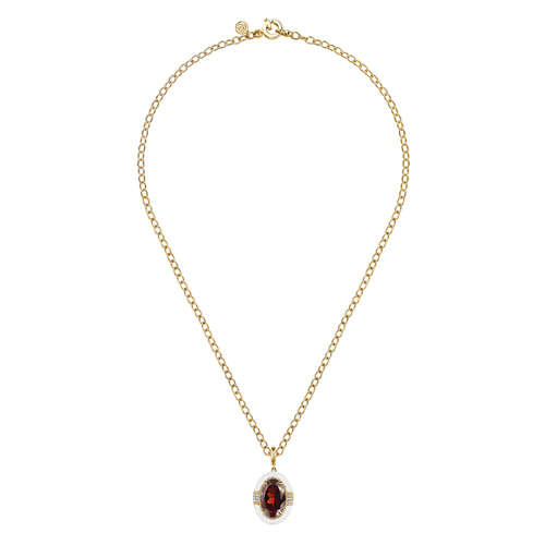 14K Yellow Gold Diamond and Garnet  Y-Layer Necklace With Flower Pattern J-Back and White Enamel