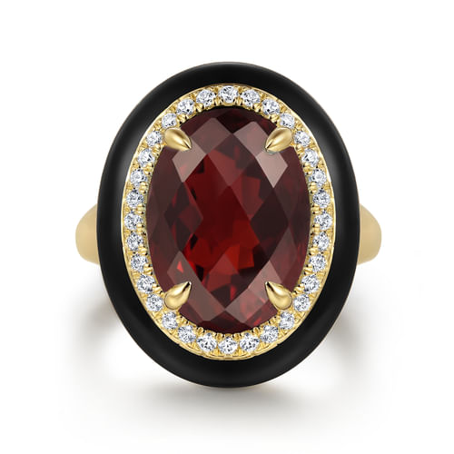 14K Yellow Gold Diamond and Garnet Cocktail Ring with Black Enamel