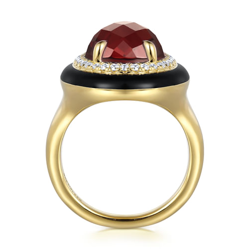 14K Yellow Gold Diamond and Garnet Cocktail Ring with Black Enamel