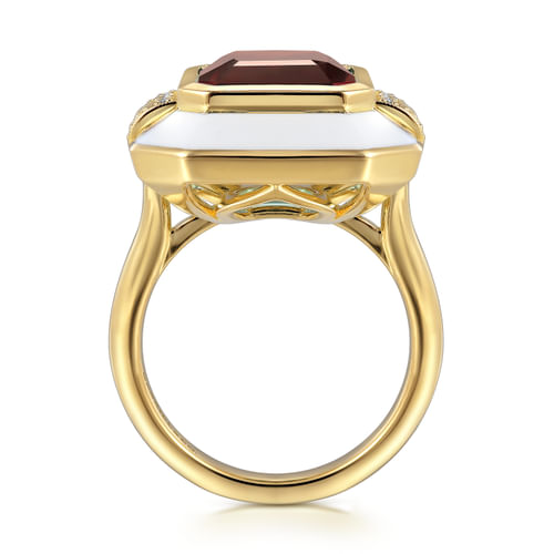 14K Yellow Gold Diamond and Garnet Cocktail Ring with White Enamel