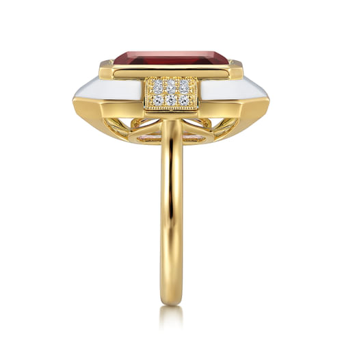 14K Yellow Gold Diamond and Garnet Cocktail Ring with White Enamel