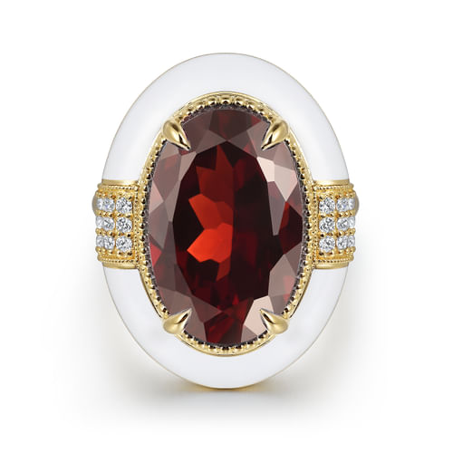 14K Yellow Gold Diamond and Garnet Cocktail Ring with White Enamel