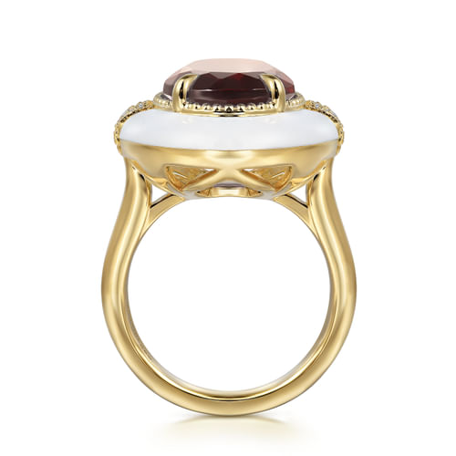 14K Yellow Gold Diamond and Garnet Cocktail Ring with White Enamel