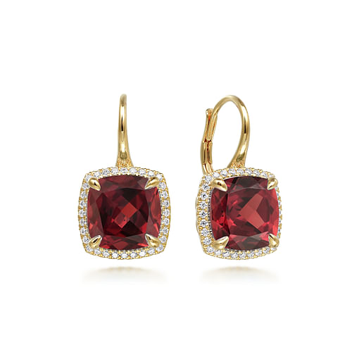 14K Yellow Gold Diamond and Garnet Cushion Cut Earrings With Flower Pattern J-Back