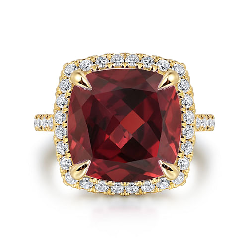 14K Yellow Gold Diamond and Garnet Cushion Cut Ladies Ring With Flower Pattern Gallery