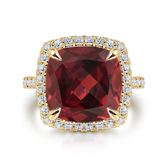 Gabriel - 14K Yellow Gold Diamond and Garnet Cushion Cut Ladies Ring With Flower Pattern Gallery