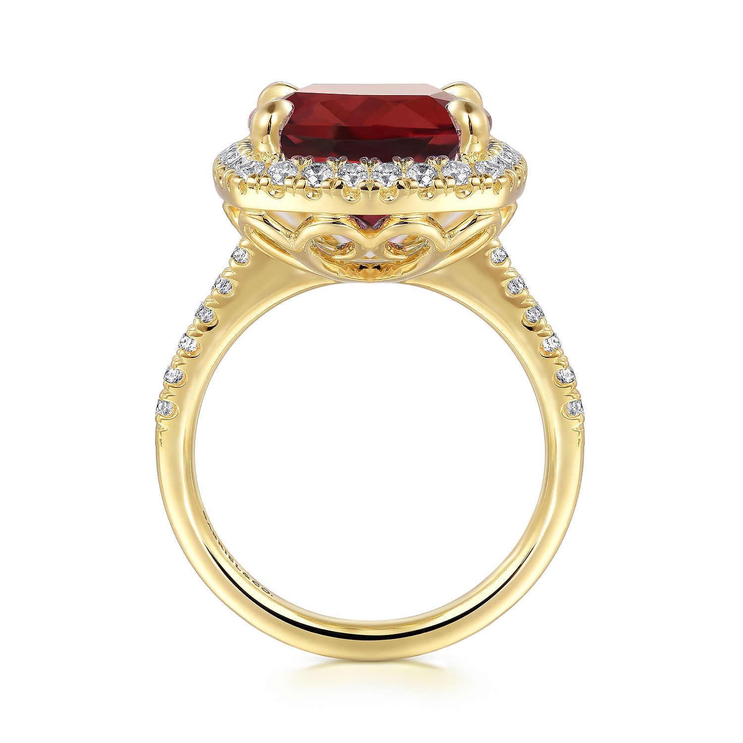 14K Yellow Gold Diamond and Garnet Cushion Cut Ladies Ring With Flower Pattern Gallery