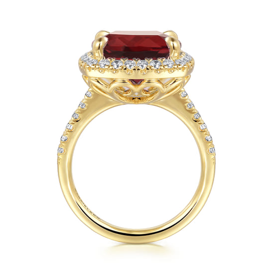 14K Yellow Gold Diamond and Garnet Cushion Cut Ladies Ring With Flower Pattern Gallery angle 2 14K Yellow Gold Diamond and Garnet Cushion Cut Ladies Ring With Flower Pattern Gallery angle 2