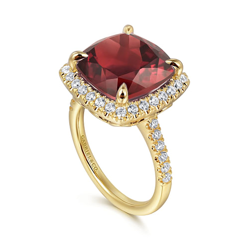 14K Yellow Gold Diamond and Garnet Cushion Cut Ladies Ring With Flower Pattern Gallery