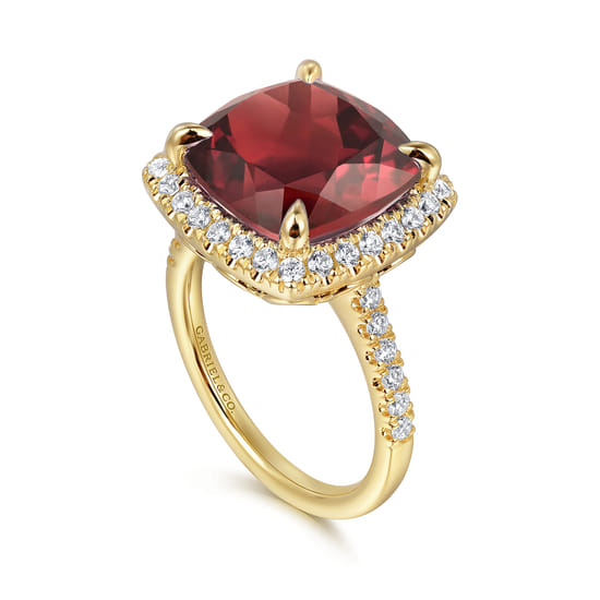 14K Yellow Gold Diamond and Garnet Cushion Cut Ladies Ring With Flower Pattern Gallery angle 3 14K Yellow Gold Diamond and Garnet Cushion Cut Ladies Ring With Flower Pattern Gallery angle 3