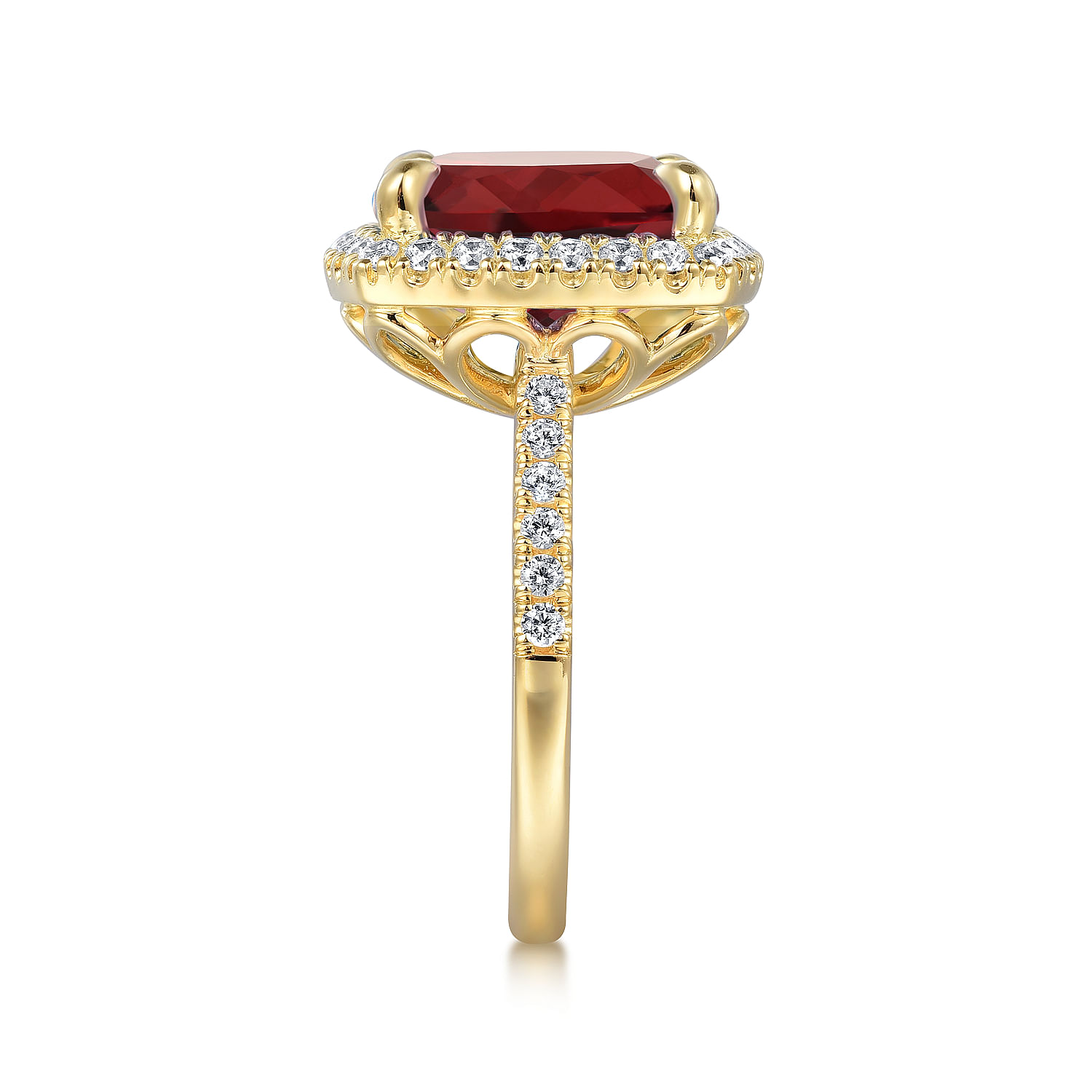 14K Yellow Gold Diamond and Garnet Cushion Cut Ladies Ring With Flower Pattern Gallery