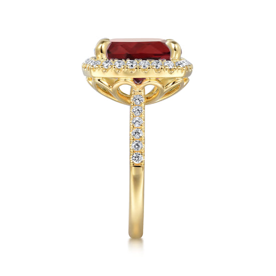 14K Yellow Gold Diamond and Garnet Cushion Cut Ladies Ring With Flower Pattern Gallery angle 4 14K Yellow Gold Diamond and Garnet Cushion Cut Ladies Ring With Flower Pattern Gallery angle 4