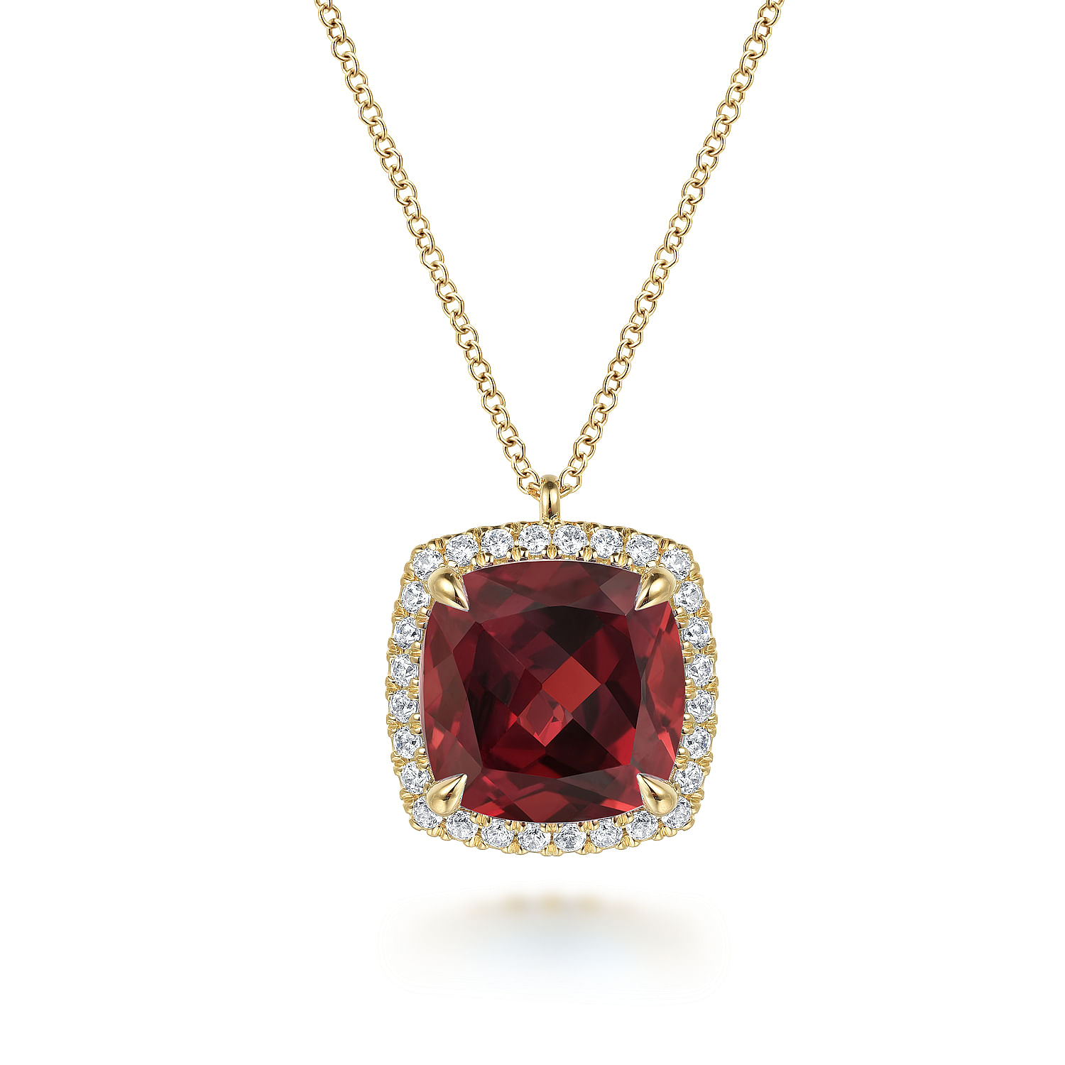 14K Yellow Gold Diamond and Garnet Cushion Cut Necklace With Flower Pattern J-Back