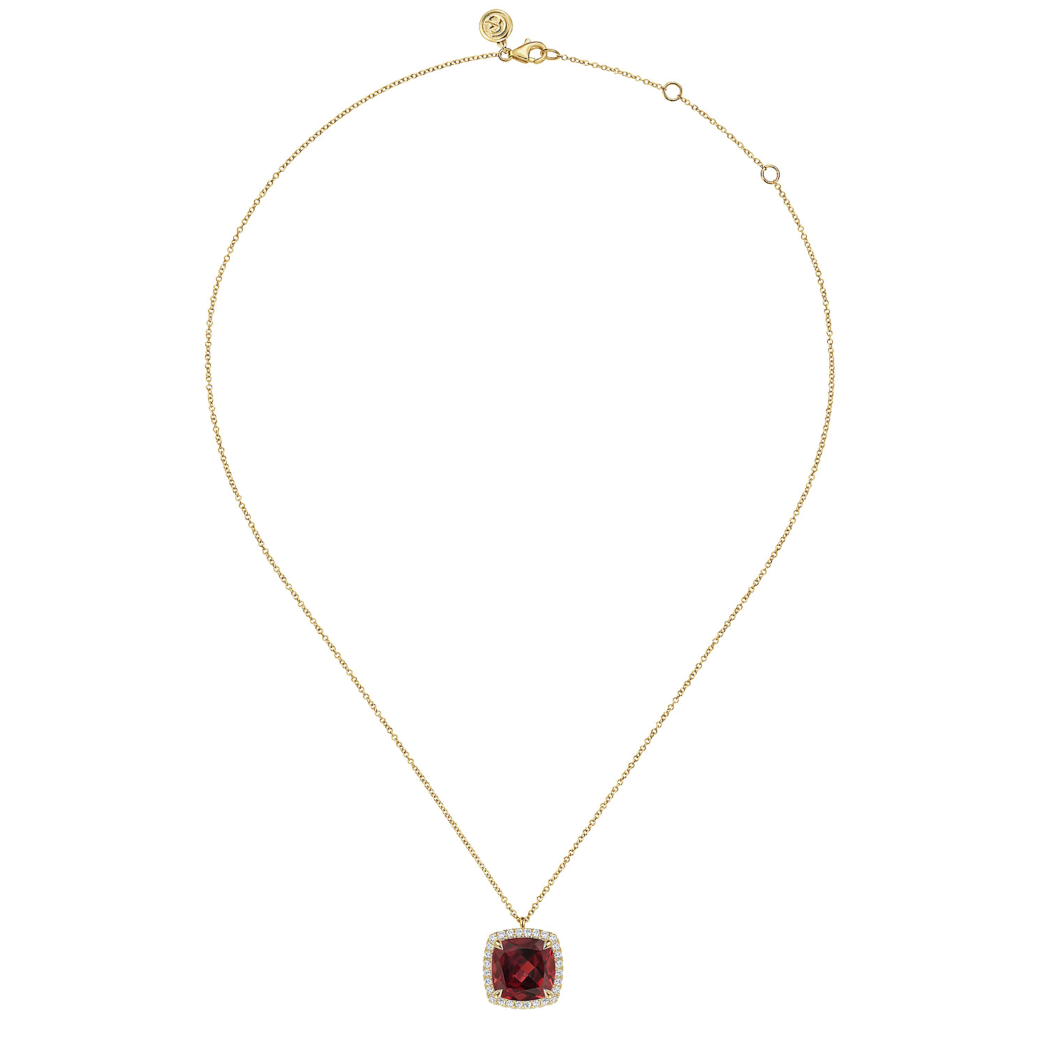 14K Yellow Gold Diamond and Garnet Cushion Cut Necklace With Flower Pattern J-Back