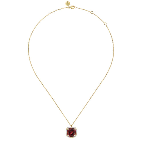 14K Yellow Gold Diamond and Garnet Cushion Cut Necklace With Flower Pattern J-Back