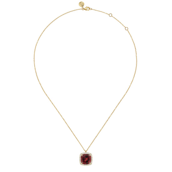 14K Yellow Gold Diamond and Garnet Cushion Cut Necklace With Flower Pattern J-Back angle 2