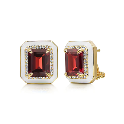 14K Yellow Gold Diamond and Garnet Emerald Cut Earrings With Flower Pattern J-Back and White Enamel