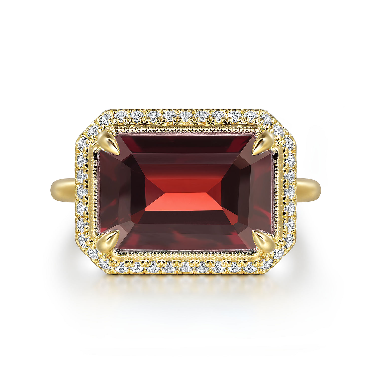 Gabriel - 14K Yellow Gold Diamond and Garnet Emerald Cut Ladies Ring With Flower Pattern Gallery