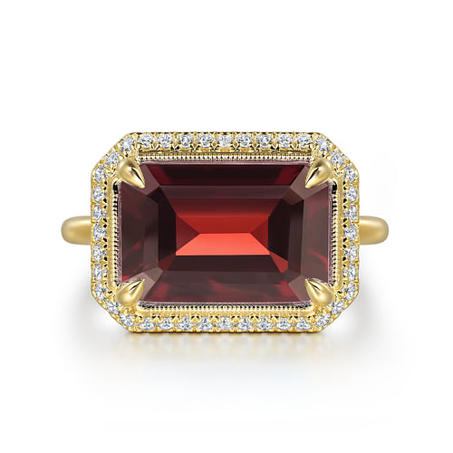 14K Yellow Gold Diamond and Garnet Emerald Cut Ladies Ring With Flower Pattern Gallery