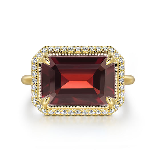 Gabriel - 14K Yellow Gold Diamond and Garnet Emerald Cut Ladies Ring With Flower Pattern Gallery