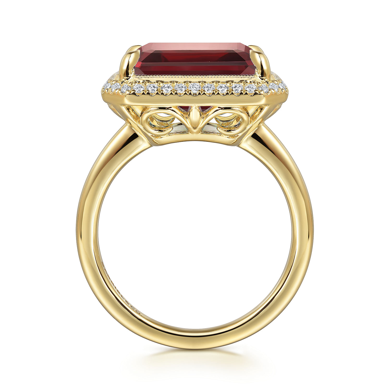 14K Yellow Gold Diamond and Garnet Emerald Cut Ladies Ring With Flower Pattern Gallery