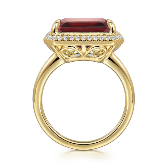 14K Yellow Gold Diamond and Garnet Emerald Cut Ladies Ring With Flower Pattern Gallery angle 2