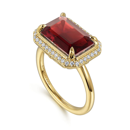 14K Yellow Gold Diamond and Garnet Emerald Cut Ladies Ring With Flower Pattern Gallery