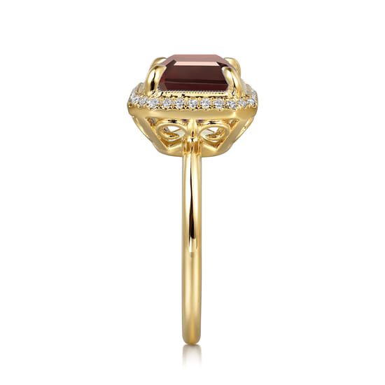 14K Yellow Gold Diamond and Garnet Emerald Cut Ladies Ring With Flower Pattern Gallery angle 4