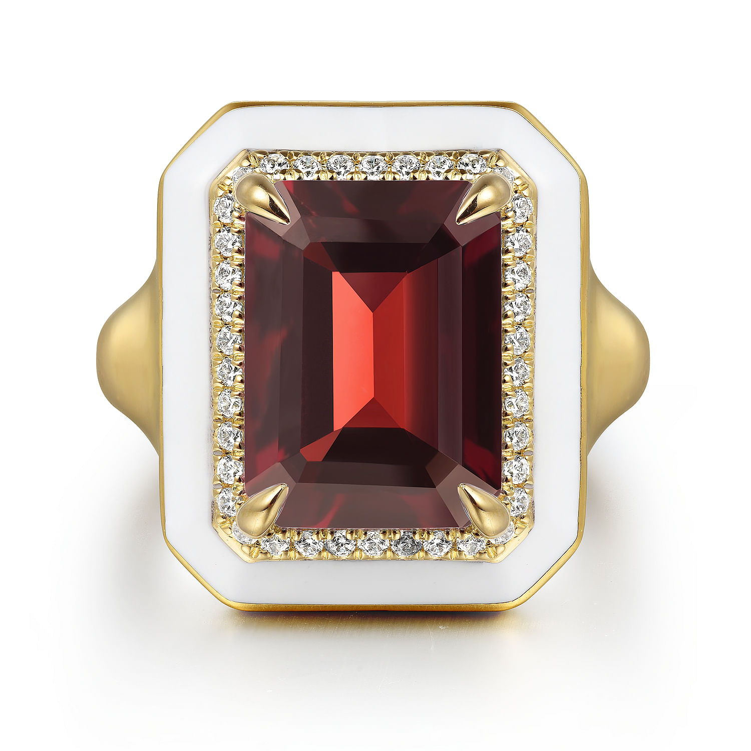 14K Yellow Gold Diamond and Garnet Emerald Cut Ladies Ring With Flower Pattern J-Back and White Enamel