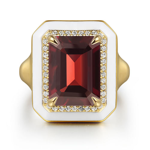 14K Yellow Gold Diamond and Garnet Emerald Cut Ladies Ring With Flower Pattern J-Back and White Enamel